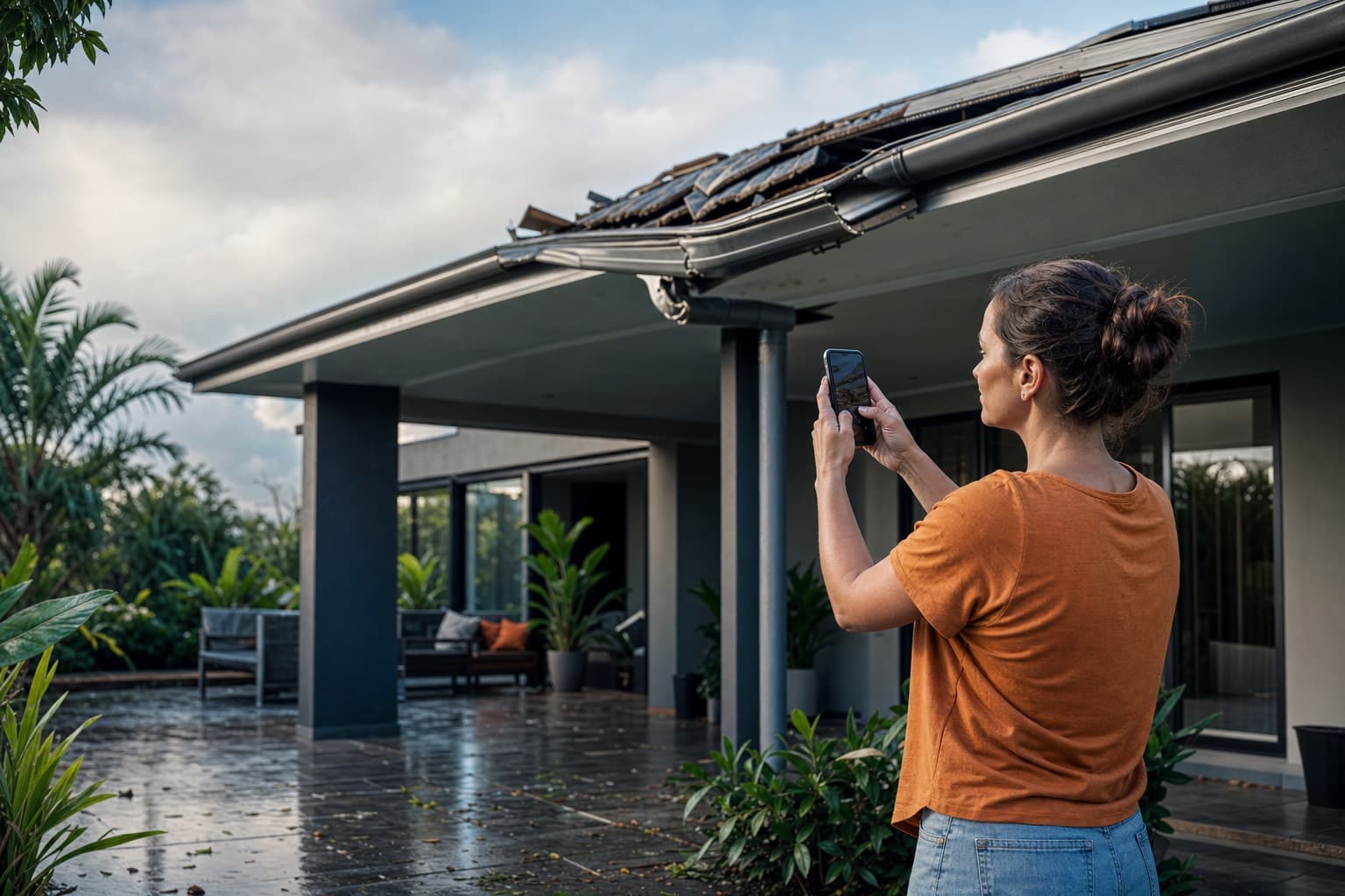 Homeowner photographing storm damage to send to her insurance broker