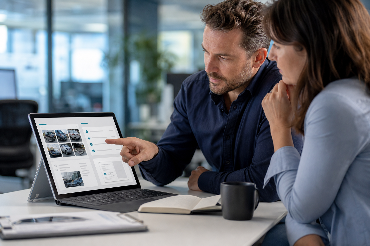 Claims professionals reviewing organized digital evidence on a tablet
